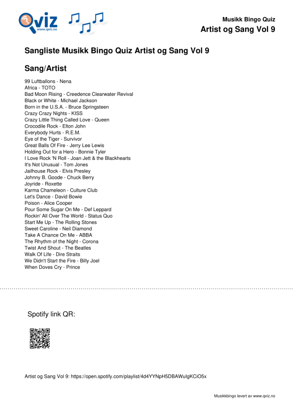 Artist og Sang Vol 9 Musikk Bingo Quiz 30 sangliste