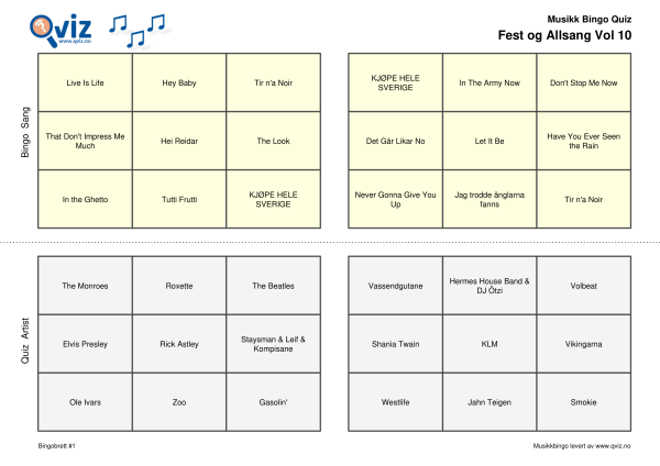 Fest og Allsang Vol 10 Musikk Bingo Quiz 30 bingobrett