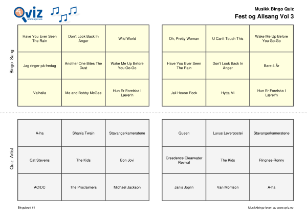 Fest og Allsang Vol 3 Musikk Bingo Quiz 30 bingobrett