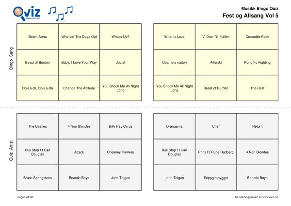 Fest og Allsang Vol 5 Musikk Bingo Quiz 30 bingobrett