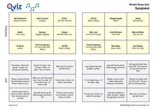 Sangtekster Musikk Bingo Quiz 30 bingobrett