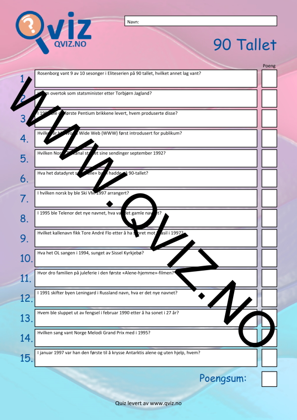 Ta en nostalgisk reise tilbake til 90-tallet med vår quiz som tester kunnskapene dine om alt fra musikk og filmer til kultur og teknologi. Perfekt for spillkvelder eller å gjenoppleve høydepunktene fra tiåret som definerte en epoke!