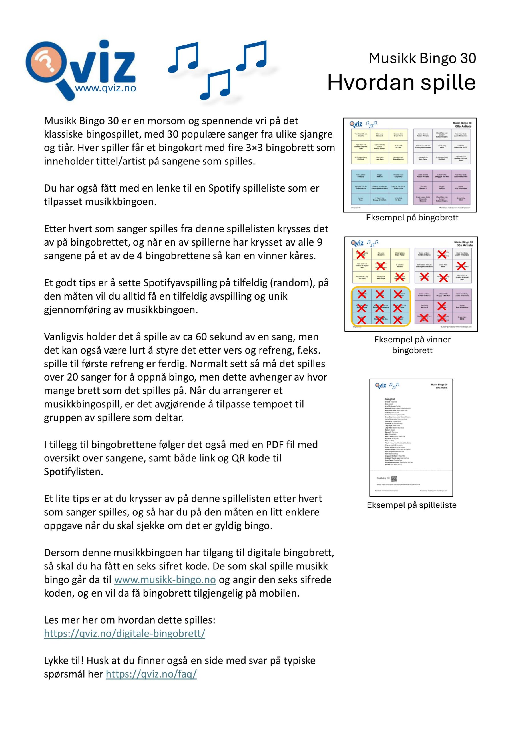 Instruksjonsguide for Musikk Bingo 30
