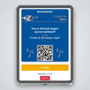 Digital musikkquiz med spørsmål vist på nettbrett.