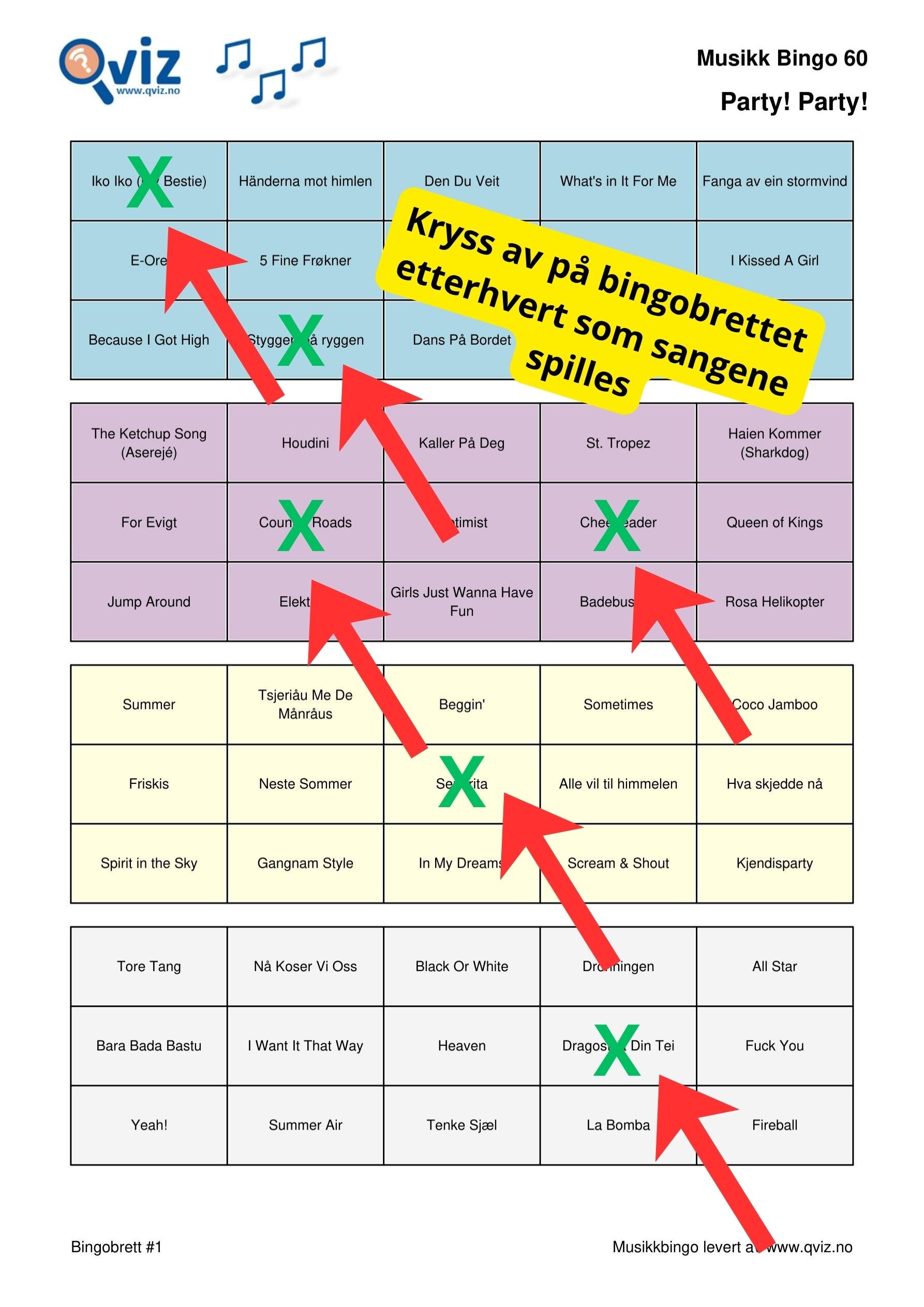 Krysse av sanger på bingobrett