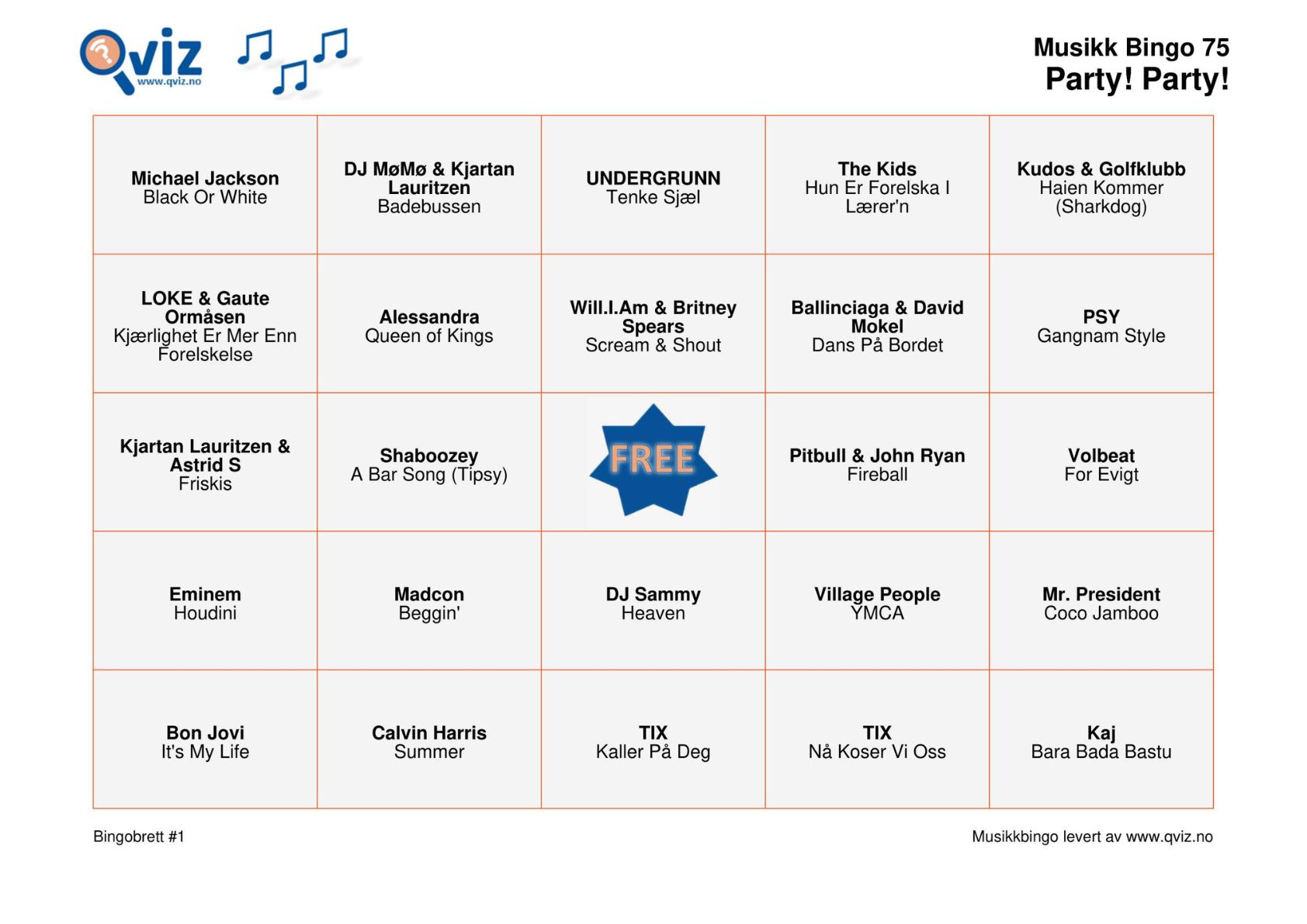 Tomt Musikk Bingo 75 brett