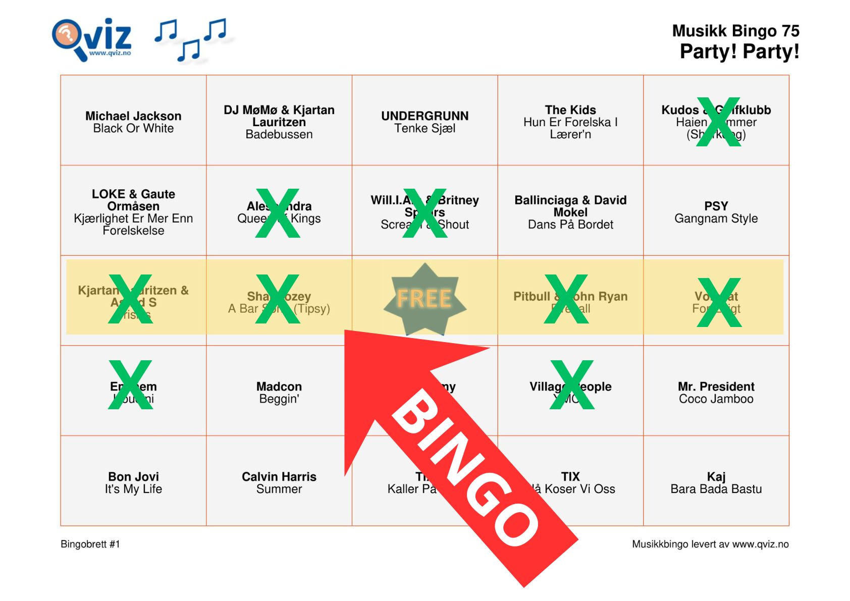 Bingo på rad 2 med FREE-feltet