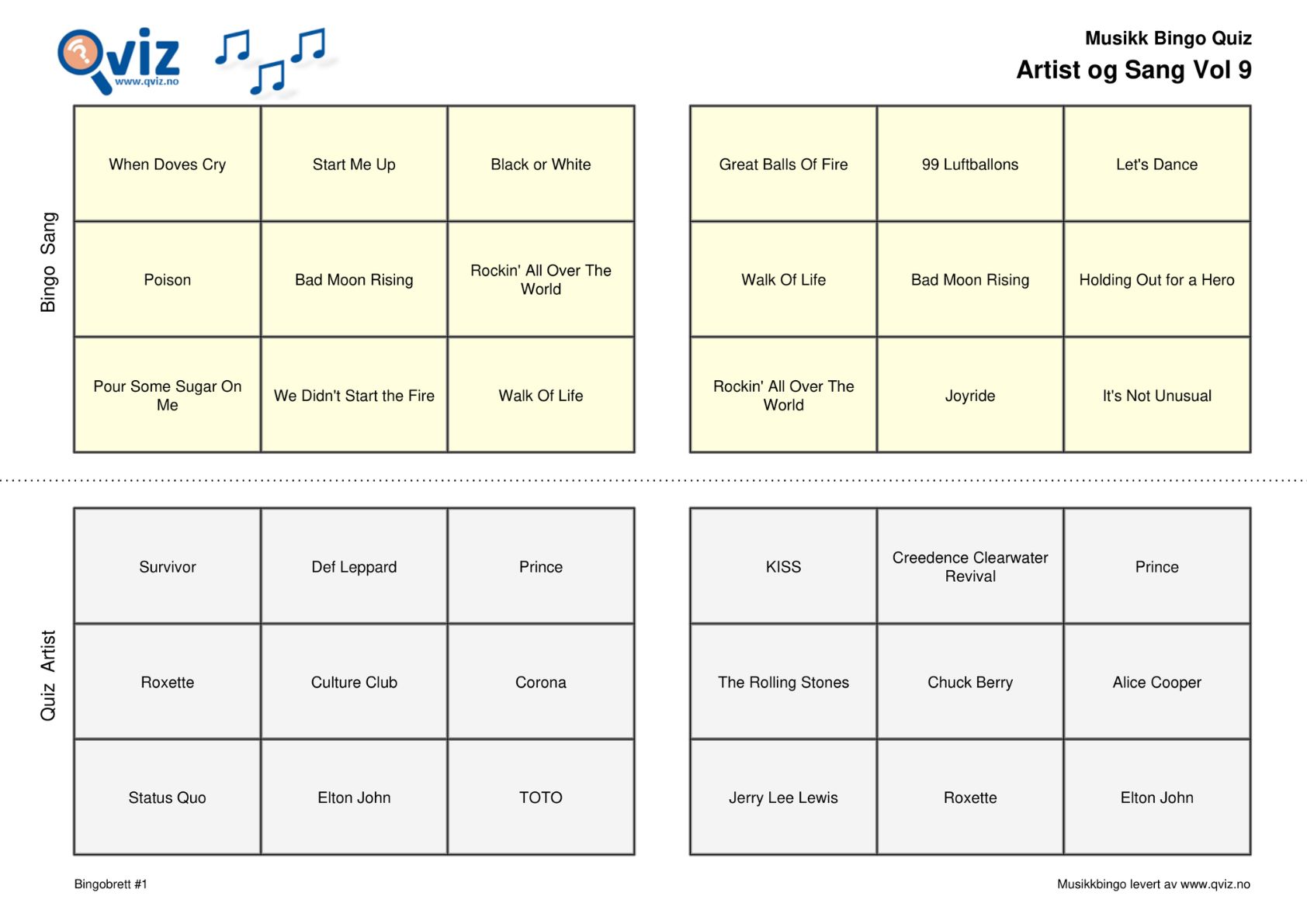 Musikk Bingo Quiz 2 ark med 4 brett