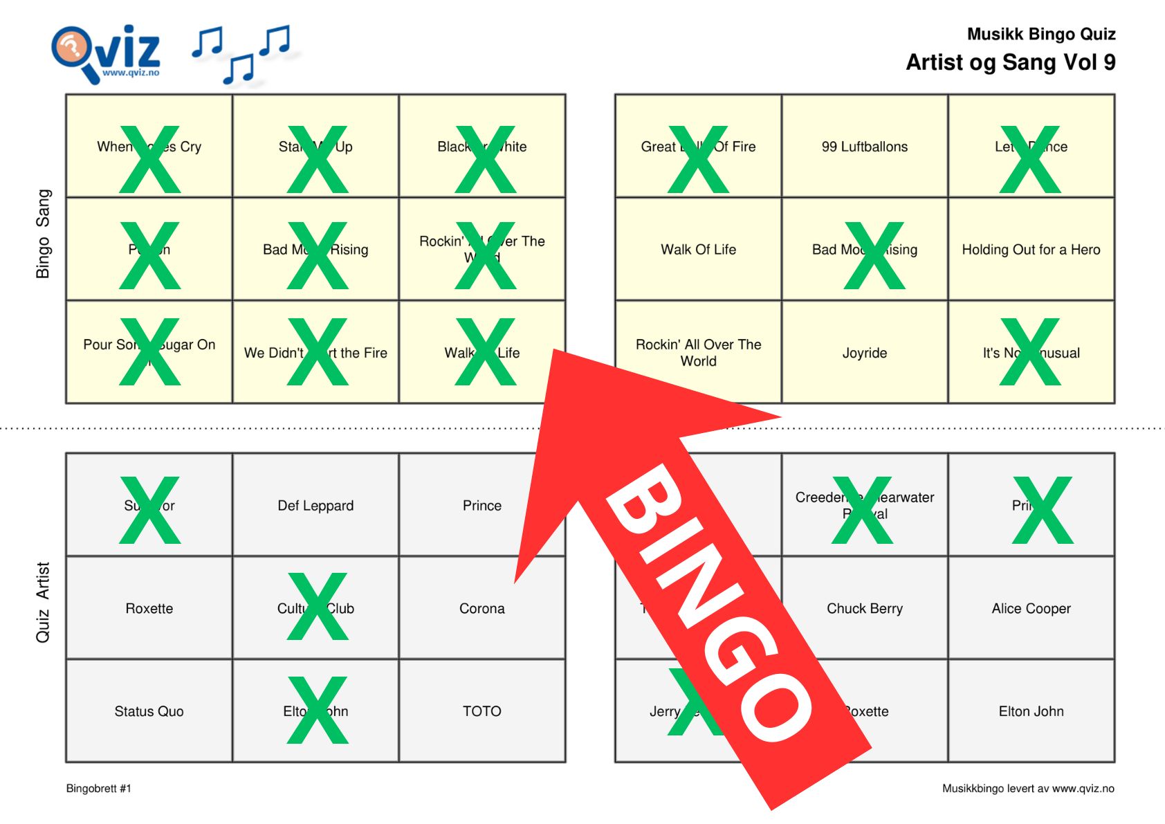 Godkjent bingo på brett 1 (kun sangtitler)